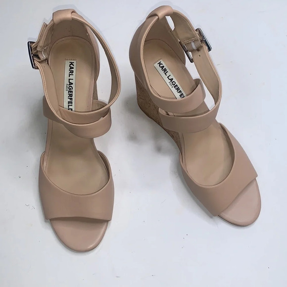 Karl Lagerfeld Cross Strap Taupe Wedge Heel Sandals S-017 Sz 9.5 - Picture 2 of 11